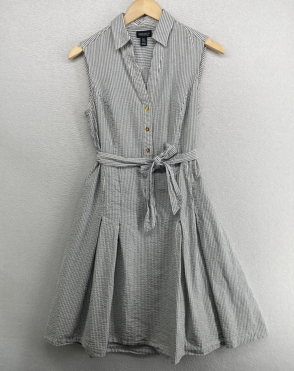 JONES & CO Dress 6 Seersucker Striped A-Line Shirtdress Sleeveless Tie Belt Gray